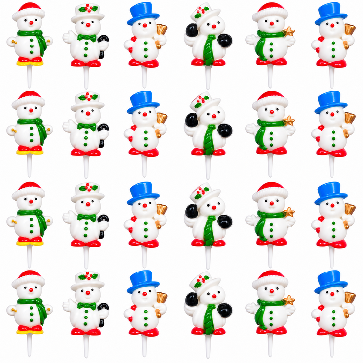 A grid of 24 small Christmas snowman figurines on white plastic sticks, each with a different color combination including red, green, blue, black, and white.