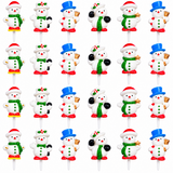 A grid of 24 small Christmas snowman figurines on white plastic sticks, each with a different color combination including red, green, blue, black, and white.