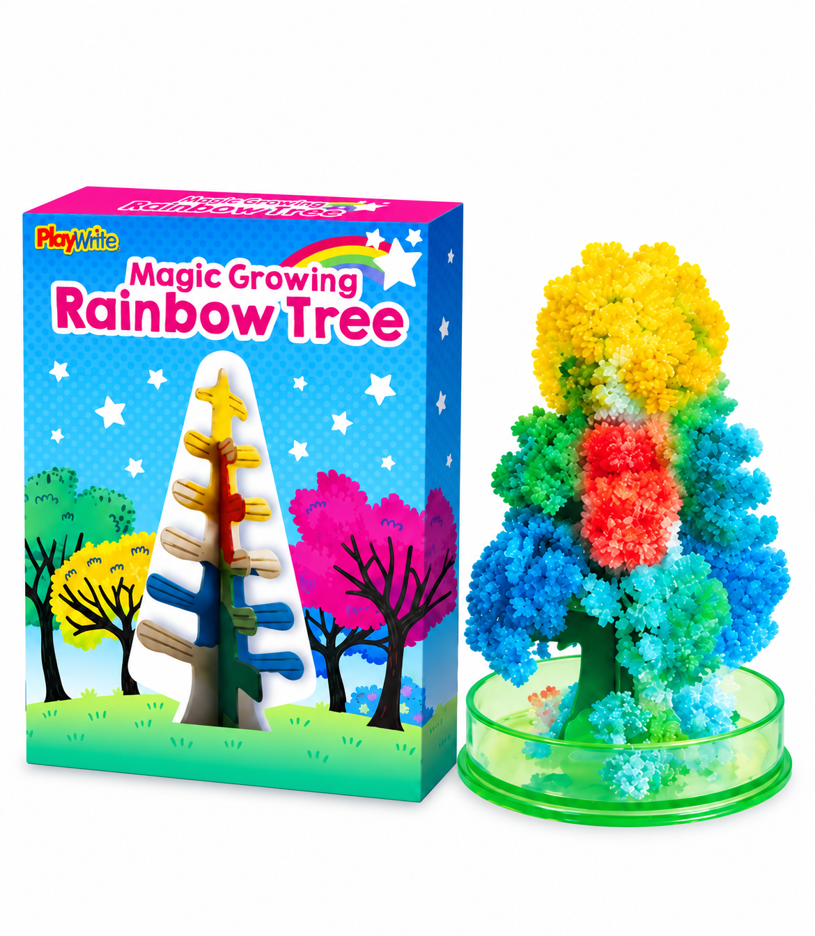 A children's toy set called 'Magic Growing Rainbow Tree' by PlayWite, showing the colorful assembled tree with a green base next to its blue illustrated retail box.
