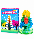 A children's toy set called 'Magic Growing Rainbow Tree' by PlayWite, showing the colorful assembled tree with a green base next to its blue illustrated retail box.
