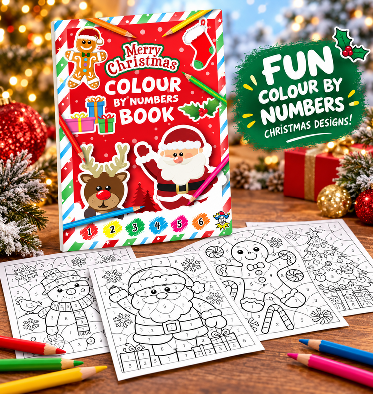 Christmas-themed coloring book set displayed on a wooden surface with festive decorations. The red cover reads 'Merry Christmas Colour by Numbers Book' and shows Santa, a reindeer, and numbered holiday illustrations.