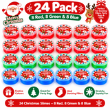 A 24-pack of Christmas-themed slime containers arranged in a grid on a red and white promotional background. The pack includes 8 red, 8 green, and 8 blue slime tubs, each with a festive Santa label.
