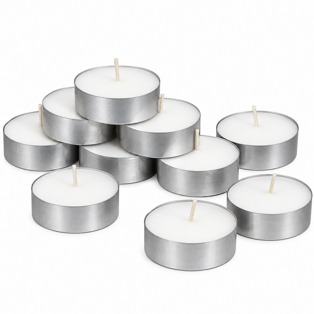 A set of nine silver metal tea light candles with white wax and wooden wicks, arranged in a pile on a clean white background.