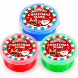 Three round plastic tubs of Christmas-themed slime on a white background, each with a colorful lid label reading 'Merry Christmas CHRISTMAS SLIME' and featuring Santa, reindeer, and snowman illustrations.