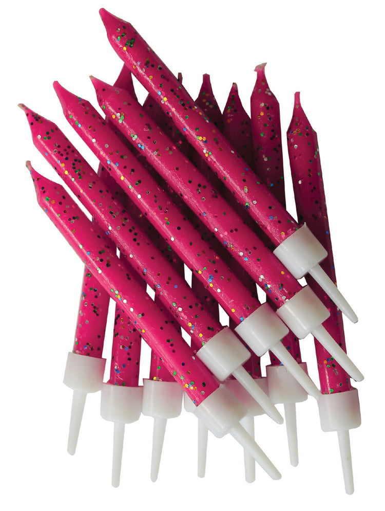 Pink Cake Candle 12pk Fuchsia Glitter 7cm Happy Birthday Party Topper Decoration