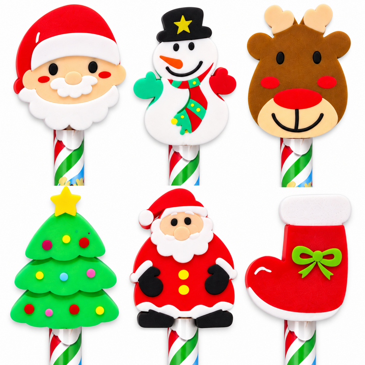 Six Christmas-themed felt candy canes arranged in a 2x3 grid on a white background, featuring Santa Claus, a snowman, a reindeer, a Christmas tree, a Santa Claus figure, and a red stocking.