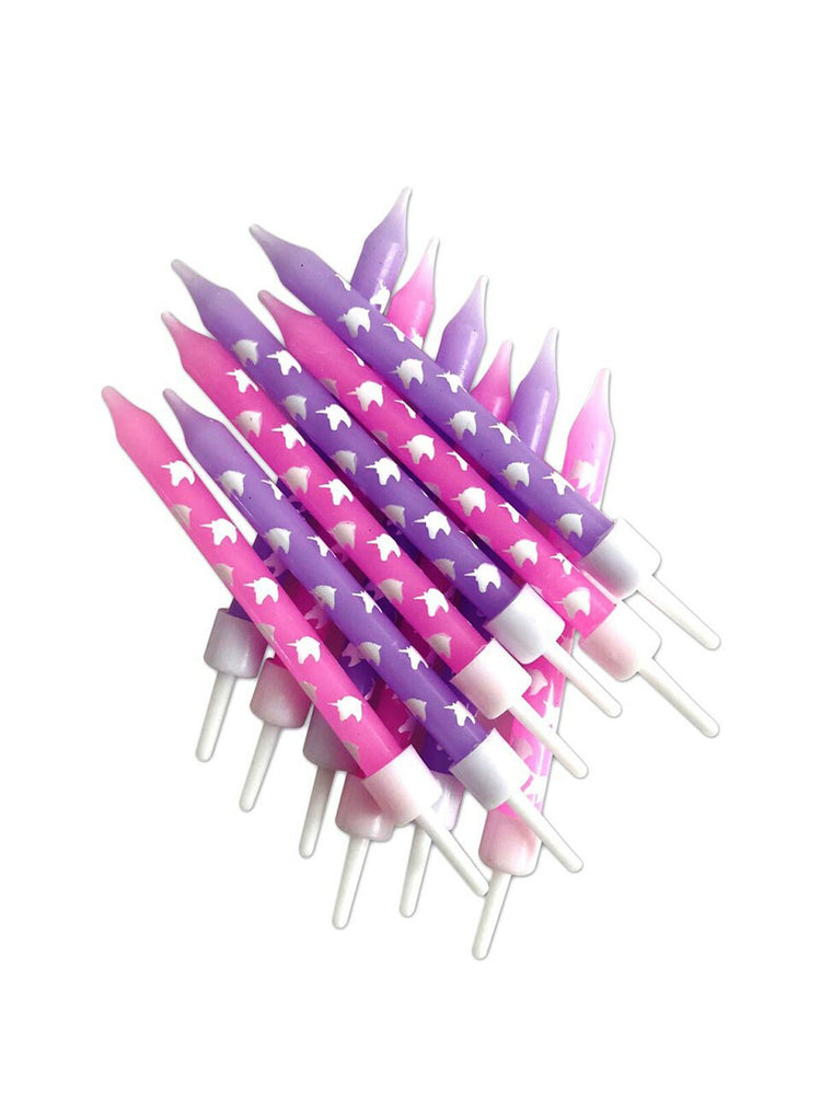Unicorn Cake Candles 12pk Pink Purple 7cm Happy Birthday Party Topper Decoration