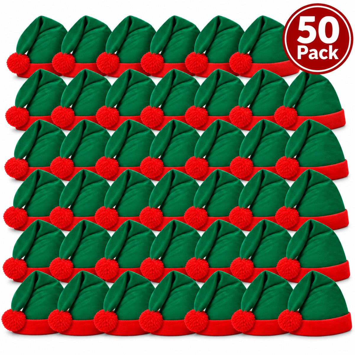 A 50-pack of green and red elf hats arranged in a grid, with a red circular badge in the top right that reads '50 Pack'.