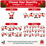 A quantity selection graphic for Santa Claus-themed stick decorations, showing sample arrangements for 1, 6, 12, and 24 pieces. The top banner reads 'Choose Your Quantity' and notes availability in 1-24 pieces.