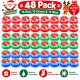 A 48-pack of Christmas-themed stocking fillers in red, green, and blue, arranged in a grid on a white background with festive promotional text and icons.