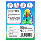 Back of a Playwrite Magic Growing Rainbow Tree box, showing product instructions, age warning, barcode, and a printed illustration of the blooming rainbow tree.