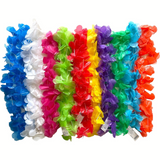 Set of colorful plastic leis arranged in a circular pattern on a white background.