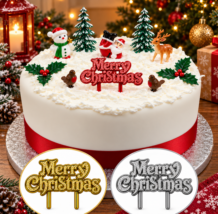10pc Christmas Cake Topper Set Santa Snowman Reindeer Holly Yule Log Decorations