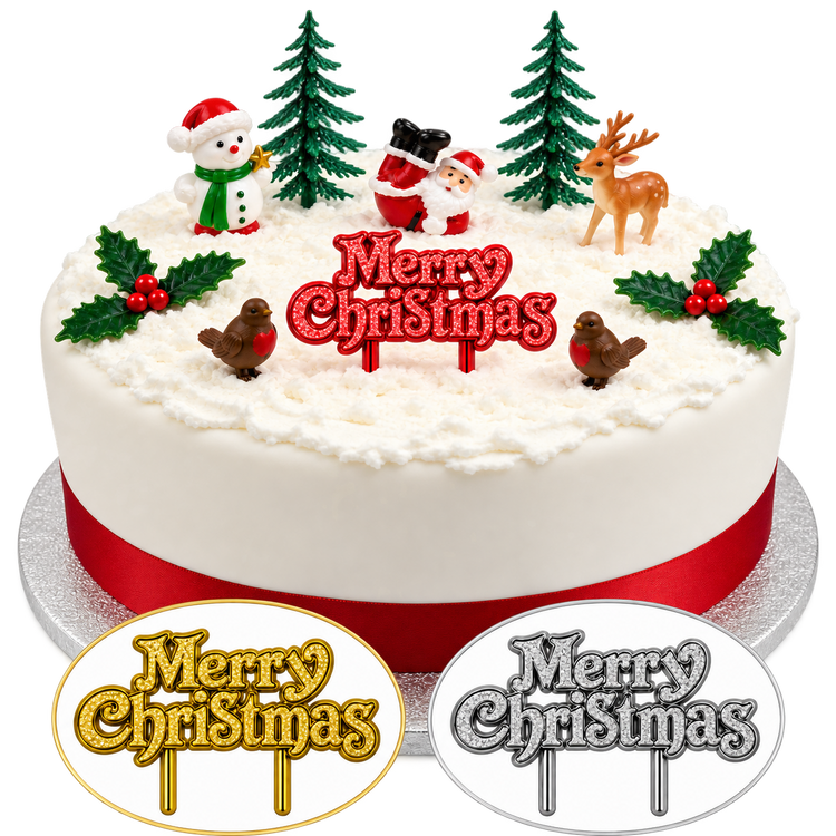 10pc Christmas Cake Topper Set Santa Snowman Reindeer Holly Yule Log Decorations