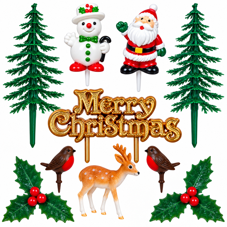 10pc Christmas Cake Topper Set Santa Snowman Reindeer Holly Yule Log Decorations