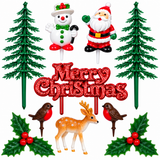 10pc Christmas Cake Topper Set Santa Snowman Reindeer Holly Yule Log Decorations