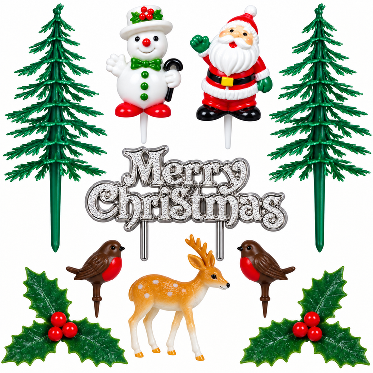 10pc Christmas Cake Topper Set Santa Snowman Reindeer Holly Yule Log Decorations