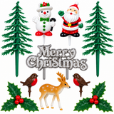 10pc Christmas Cake Topper Set Santa Snowman Reindeer Holly Yule Log Decorations