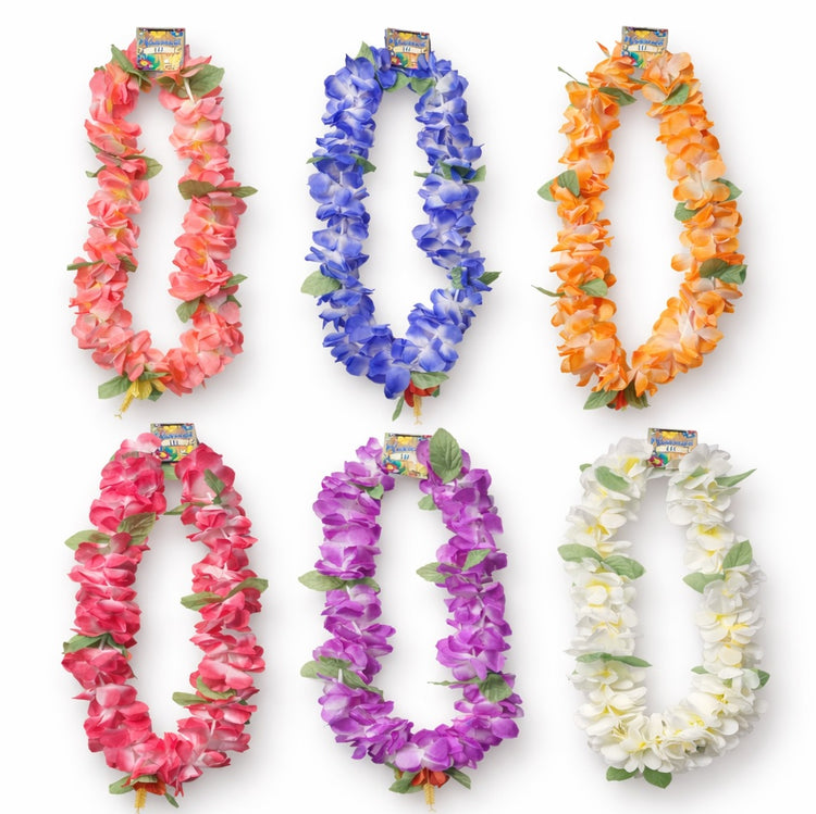 Set of six colorful flower leis on a white background