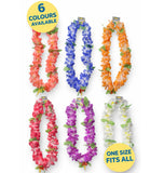 Set of six colorful flower leis with packaging labels on a white background