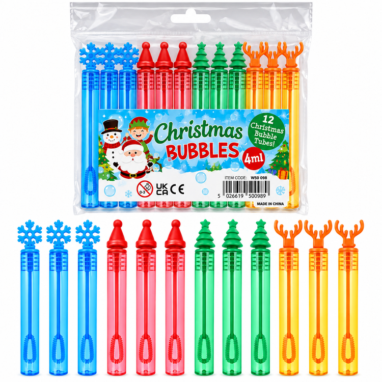 Pack of 12 Christmas-themed bubble wands in a clear plastic bag with a printed holiday label, plus six loose bubble wands displayed below on a white background. The wands come in blue snowflake, red tree-top, green tree-shaped, and orange reindeer antler designs.