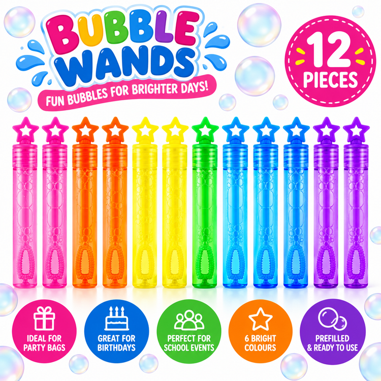 Twelve colorful bubble wands in a rainbow of bright translucent shades, arranged in a row on a white background with floating bubbles. The image includes promotional text at the top reading 'BUBBLE WANDS' and '12 PIECES', and feature badges at the bottom highlighting uses and qualities.