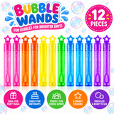 Twelve colorful bubble wands in a rainbow of bright translucent shades, arranged in a row on a white background with floating bubbles. The image includes promotional text at the top reading 'BUBBLE WANDS' and '12 PIECES', and feature badges at the bottom highlighting uses and qualities.