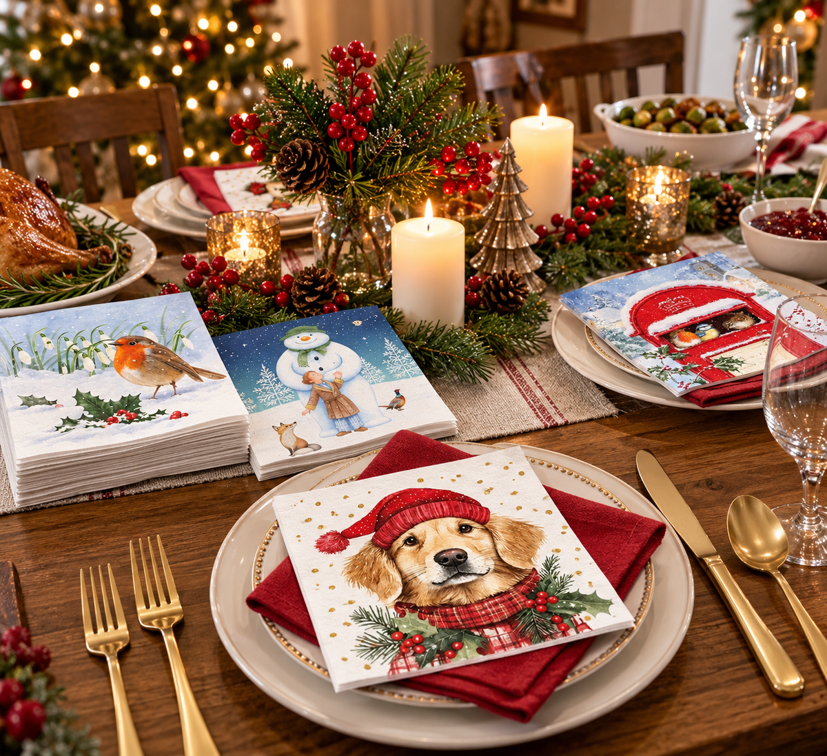 A beautifully decorated Christmas table setting featuring stacks of printed paper napkins with festive holiday illustrations, including a robin, a snowman, and a golden retriever in a red Santa hat. The scene is styled with gold flatware, candles, pinecones, and holiday greenery on a wooden dining table.