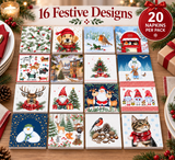 A 16-piece festive napkin pack displayed on a wooden table, featuring 16 different Christmas-themed designs including Santa Claus, dogs, cats, gnomes, snowmen, and holiday scenes. The image is decorated with holiday greenery, plates, and wrapped gifts, with text reading '16 Festive Designs' and a badge that says '20 NAPKINS PER PACK'.