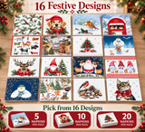 A holiday-themed product display showing a grid of 16 festive printed designs, with text reading '16 Festive Designs' and 'Pick from 16 Designs.' The designs include Christmas scenes, animals, snowmen, gnomes, Santa, birds, and winter motifs.