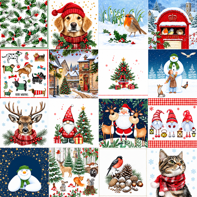 A 4x4 collage of Christmas-themed illustrations and patterns, including a golden retriever in a red hat, a robin in snow, a red telephone box, misty village scenes, a snowman, Santa Claus with deer, gnomes, a snowman, a cat in a red scarf, pinecones, and other holiday motifs.