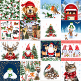 A 4x4 collage of Christmas-themed illustrations and patterns, including a golden retriever in a red hat, a robin in snow, a red telephone box, misty village scenes, a snowman, Santa Claus with deer, gnomes, a snowman, a cat in a red scarf, pinecones, and other holiday motifs.