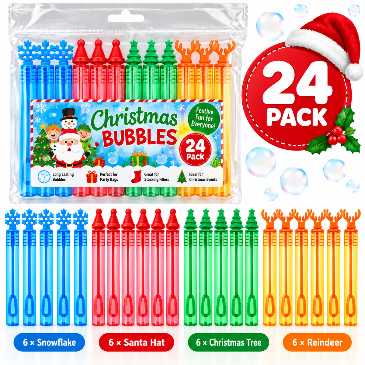 A 24-pack of Christmas-themed bubble pens displayed in their clear plastic packaging at the top, with six individual color rows shown below: blue snowflakes, red Santa hats, green Christmas trees, and orange reindeer. A red '24 PACK' badge with a Santa hat and holly appears on the right.