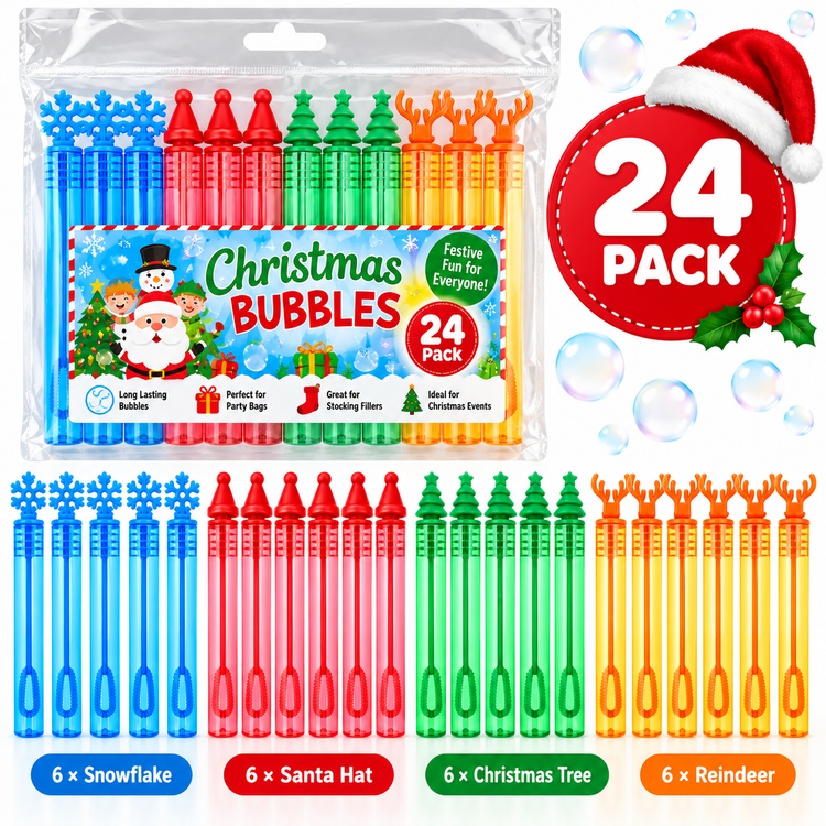A 24-pack of Christmas-themed bubble pens displayed in their clear plastic packaging at the top, with six individual color rows shown below: blue snowflakes, red Santa hats, green Christmas trees, and orange reindeer. A red '24 PACK' badge with a Santa hat and holly appears on the right.