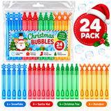 A 24-pack of Christmas-themed bubble pens displayed in their clear plastic packaging at the top, with six individual color rows shown below: blue snowflakes, red Santa hats, green Christmas trees, and orange reindeer. A red '24 PACK' badge with a Santa hat and holly appears on the right.