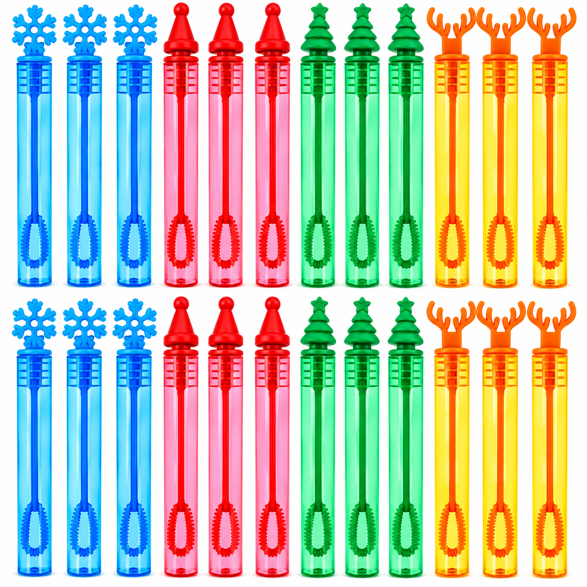 Twenty translucent bubble wand toys arranged in two rows of ten on a plain white background. The set includes blue, red, green, and orange wands, with decorative tops shaped like snowflakes, Christmas trees, and reindeer antlers.
