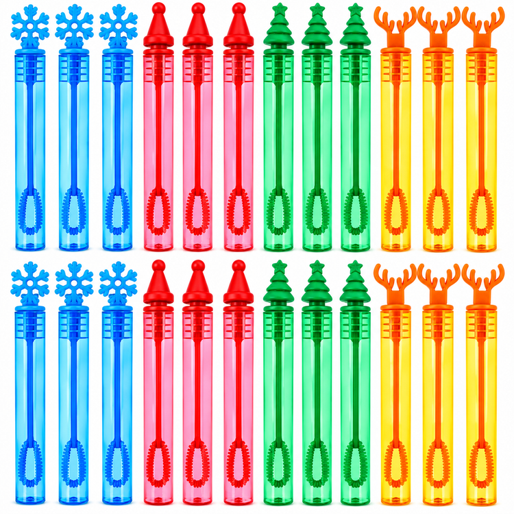 Twenty translucent bubble wand toys arranged in two rows of ten on a plain white background. The set includes blue, red, green, and orange wands, with decorative tops shaped like snowflakes, Christmas trees, and reindeer antlers.