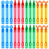 Twenty translucent bubble wand toys arranged in two rows of ten on a plain white background. The set includes blue, red, green, and orange wands, with decorative tops shaped like snowflakes, Christmas trees, and reindeer antlers.