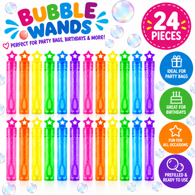 A set of 24 colorful bubble wands arranged in a grid on a white background with floating bubble graphics. The wands come in rainbow colors including pink, orange, yellow, green, blue, and purple.
