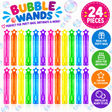 A set of 24 colorful bubble wands arranged in a grid on a white background with floating bubble graphics. The wands come in rainbow colors including pink, orange, yellow, green, blue, and purple.