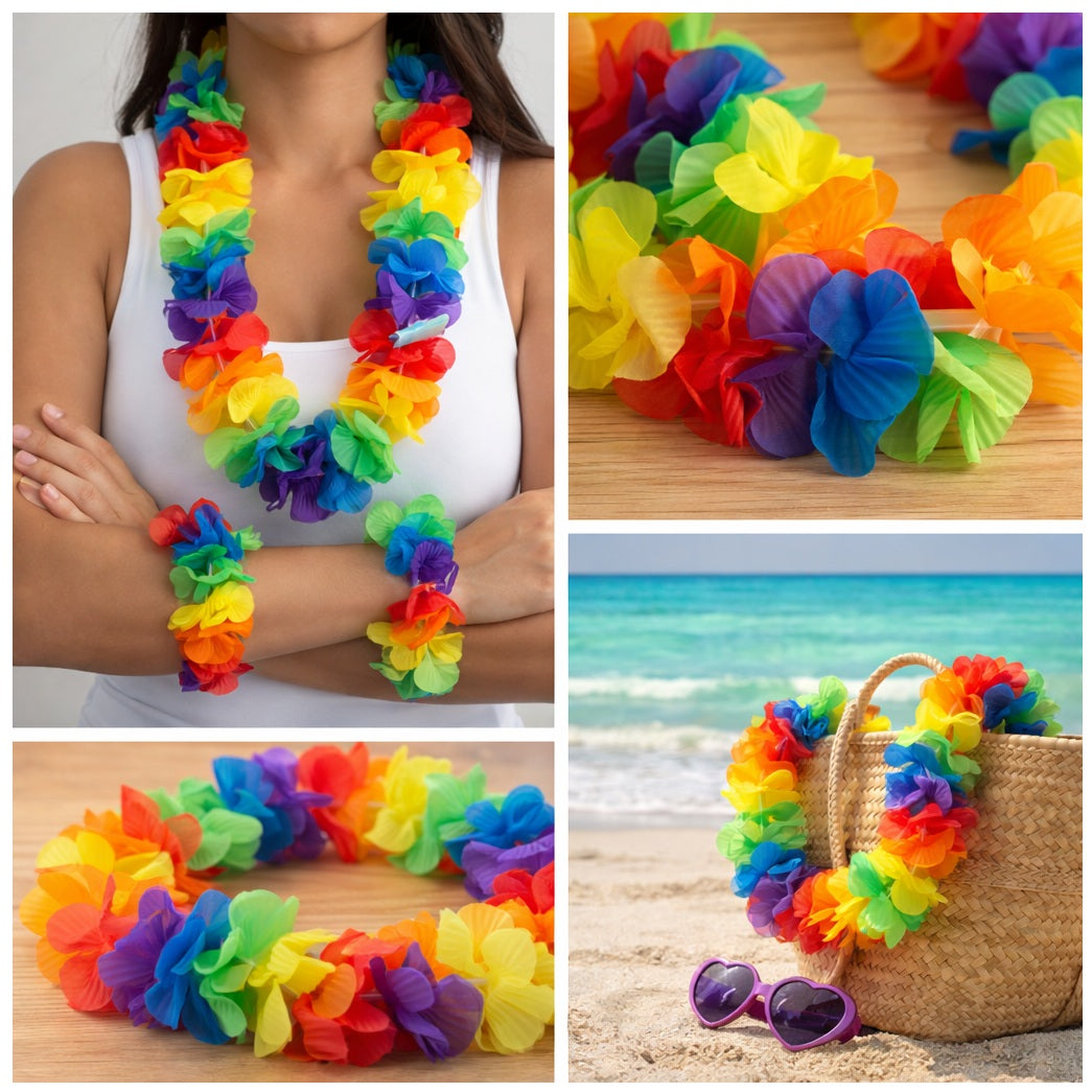 Collage of colorful flower leis with a person wearing one, on a wooden surface, and near a beach.
