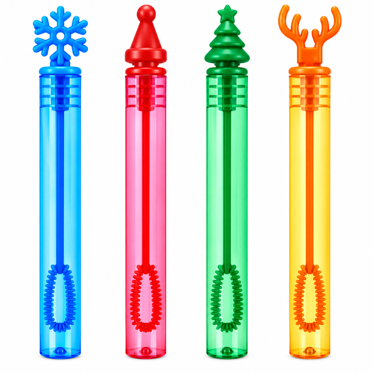 Four colorful bubble wand tubes on a white background, each with a different holiday-shaped top: a blue snowflake, a red Santa hat, a green Christmas tree, and an orange reindeer antler. The tubes are translucent and come in blue, pink, green, and yellow.