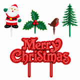 5pc Christmas Cake Decoration Topper Set Holly Tree Robin Santa Yule Log Cupcake