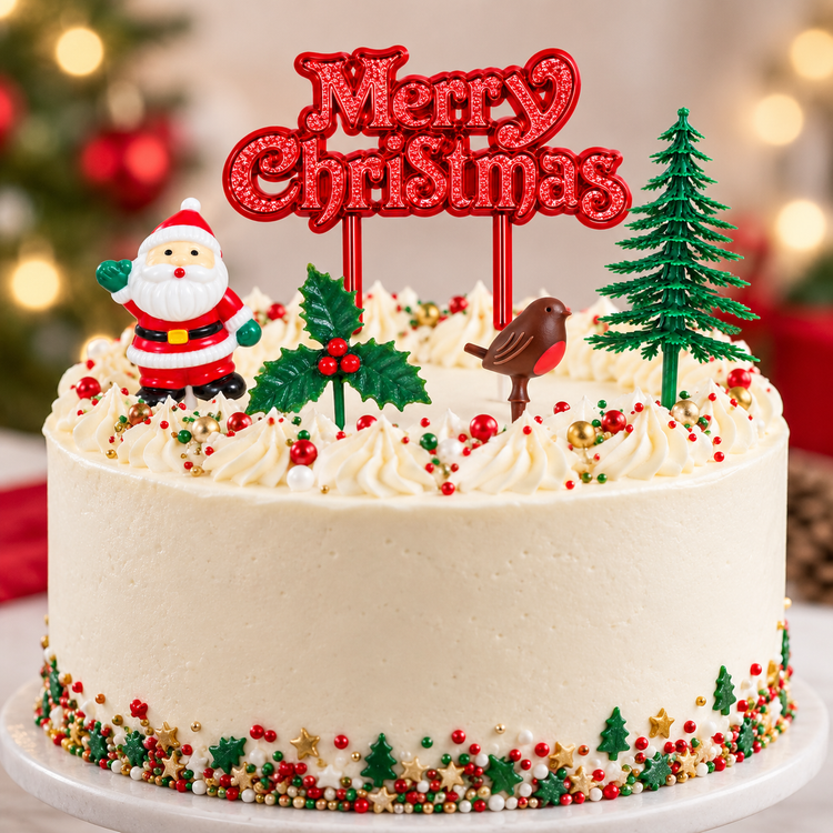 5pc Christmas Cake Decoration Topper Set Holly Tree Robin Santa Yule Log Cupcake