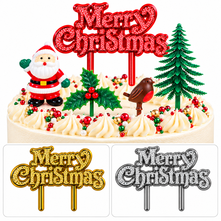 5pc Christmas Cake Decoration Topper Set Holly Tree Robin Santa Yule Log Cupcake