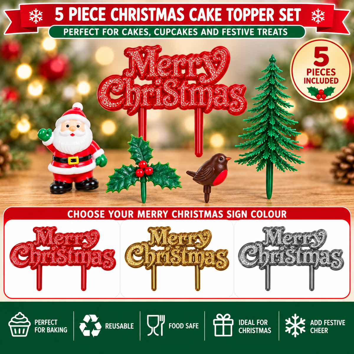 5pc Christmas Cake Decoration Topper Set Holly Tree Robin Santa Yule Log Cupcake