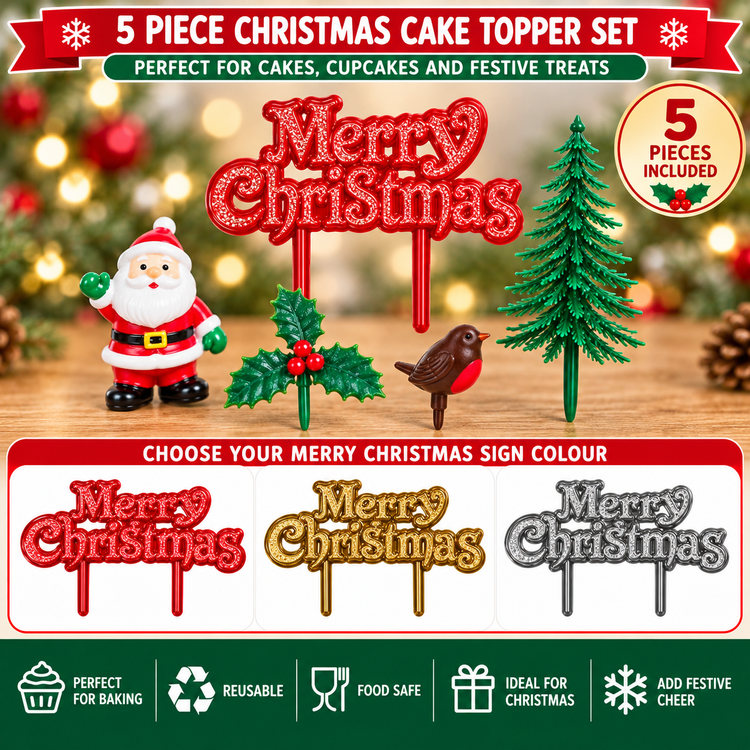 5pc Christmas Cake Decoration Topper Set Holly Tree Robin Santa Yule Log Cupcake