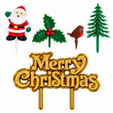 5pc Christmas Cake Decoration Topper Set Holly Tree Robin Santa Yule Log Cupcake
