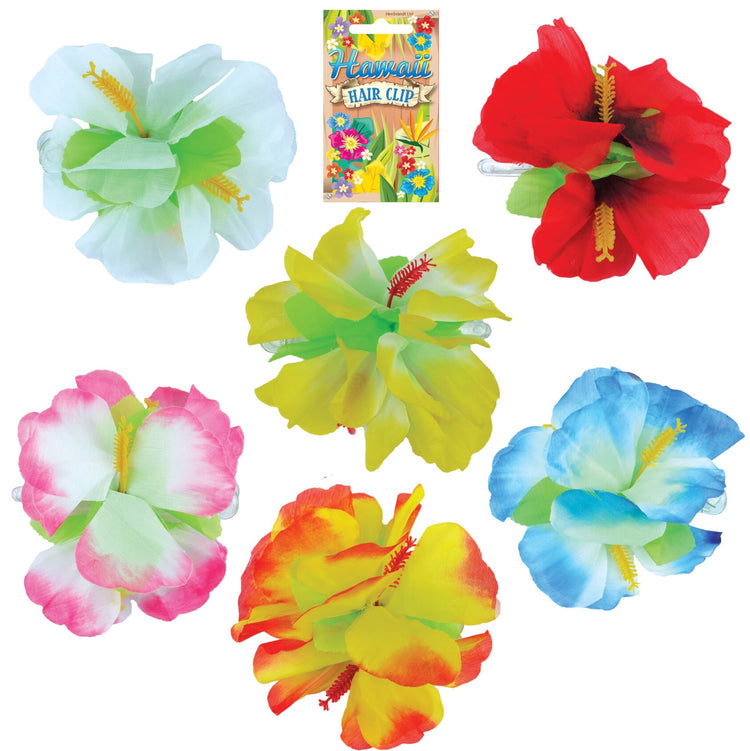 A set of colorful Hawaiian hair clips featuring a synthetic hibiscus flower design. The clips come in various bright colors including red, blue, pink, yellow, white, and orange, and are displayed with a packaging that has the text 'Hawaiian Hair Club'.
