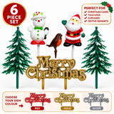 6pc Christmas Cake Decoration Toppers Set Santa Snowman Robin Fir Trees Xmas
